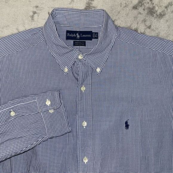 Ralph Lauren Mens L 100% Cotton Yarmouth Blue Check Long Sleeve‎ Shirt 16 34/35 - Picture 1 of 6